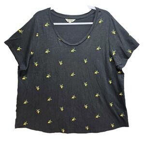 Lucky Brand Top Womens 2XL Embroidered Lemons Tshirt Tee Black Cotton Vneck